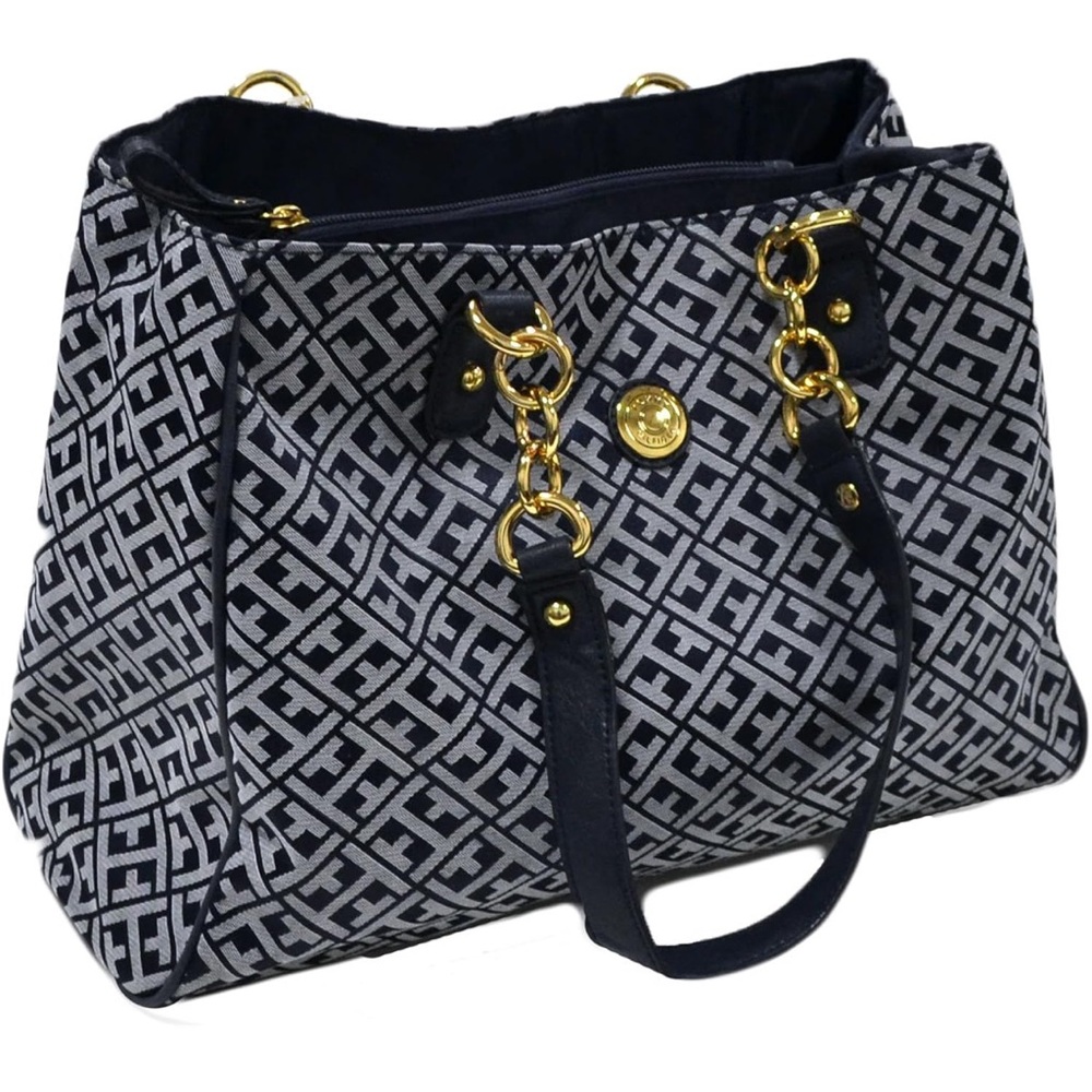 Tommy Hilfiger Monogram Tote Bag Black & White Gold Chain Shoulder Bag